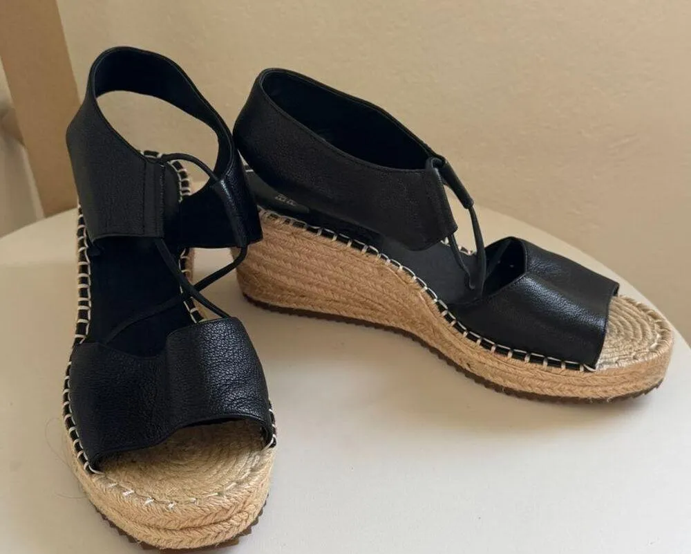 NWOT Eileen Fisher Black Leather Agnes Espadrille Wedge Sandal Women's Size 9 - Image 4