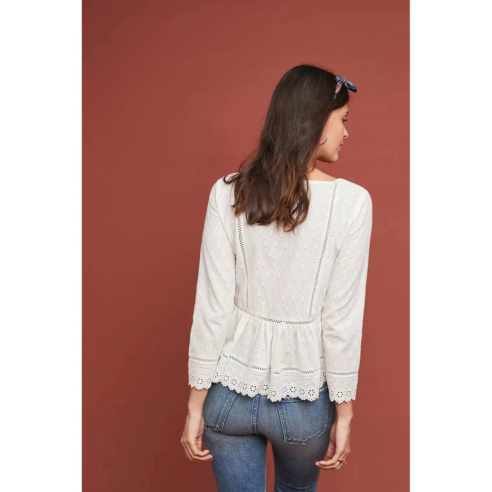 Anthropologie Meadow Rue Women's Edelyn Ruffled Eyelet Peplum Top Size 4 White - Image 2