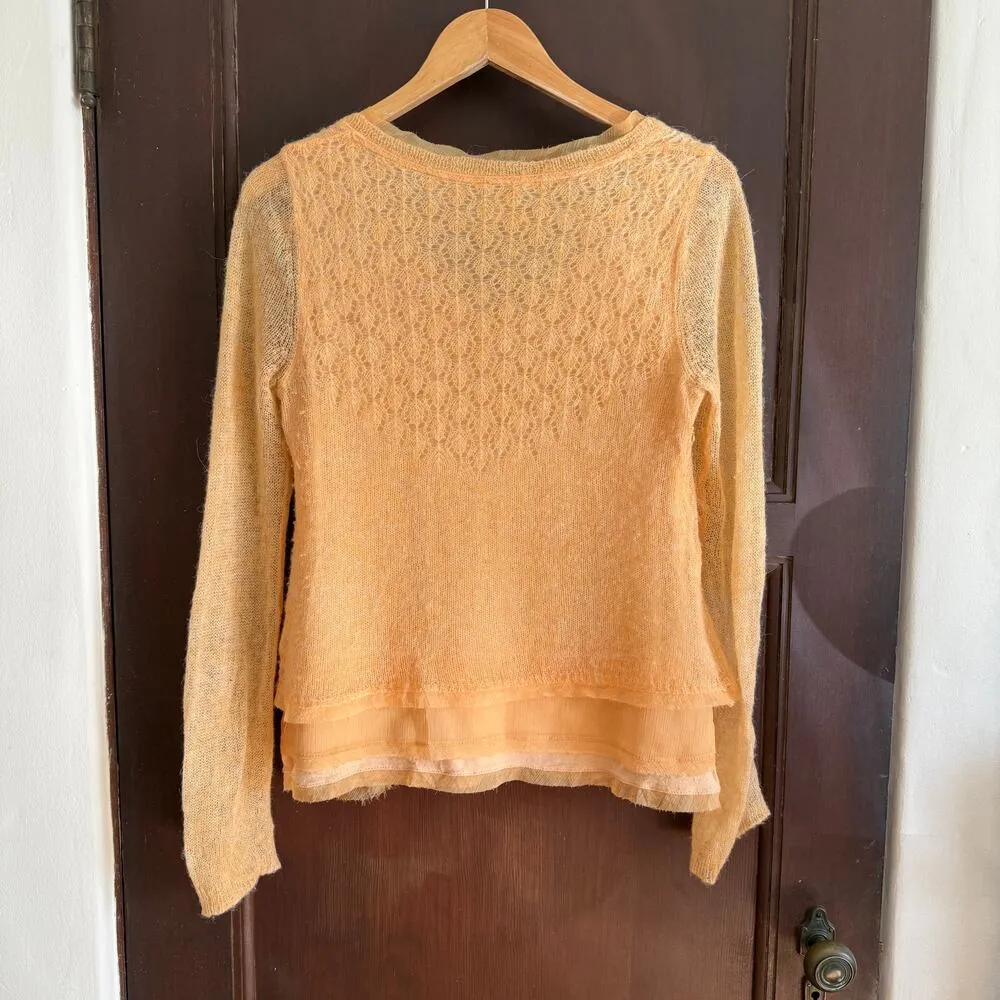 KNITTED AND KNOTTED Peach Open Weave Alpaca Blend Layered V Neck Sweater Medium Orange - Image 2
