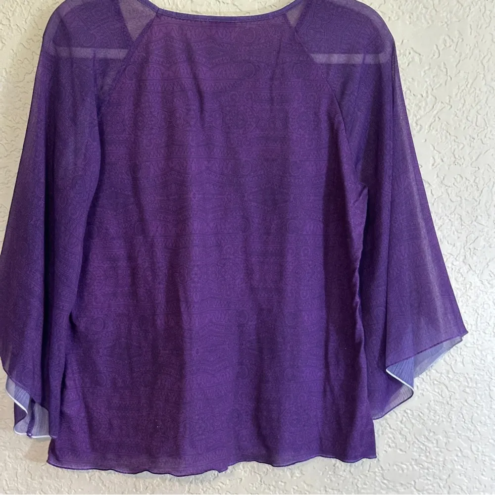 Chico's Purple Tunic Top Embroidered & Rhinestone Accents 3/4 Bell Sleeve Size 1 - Image 8