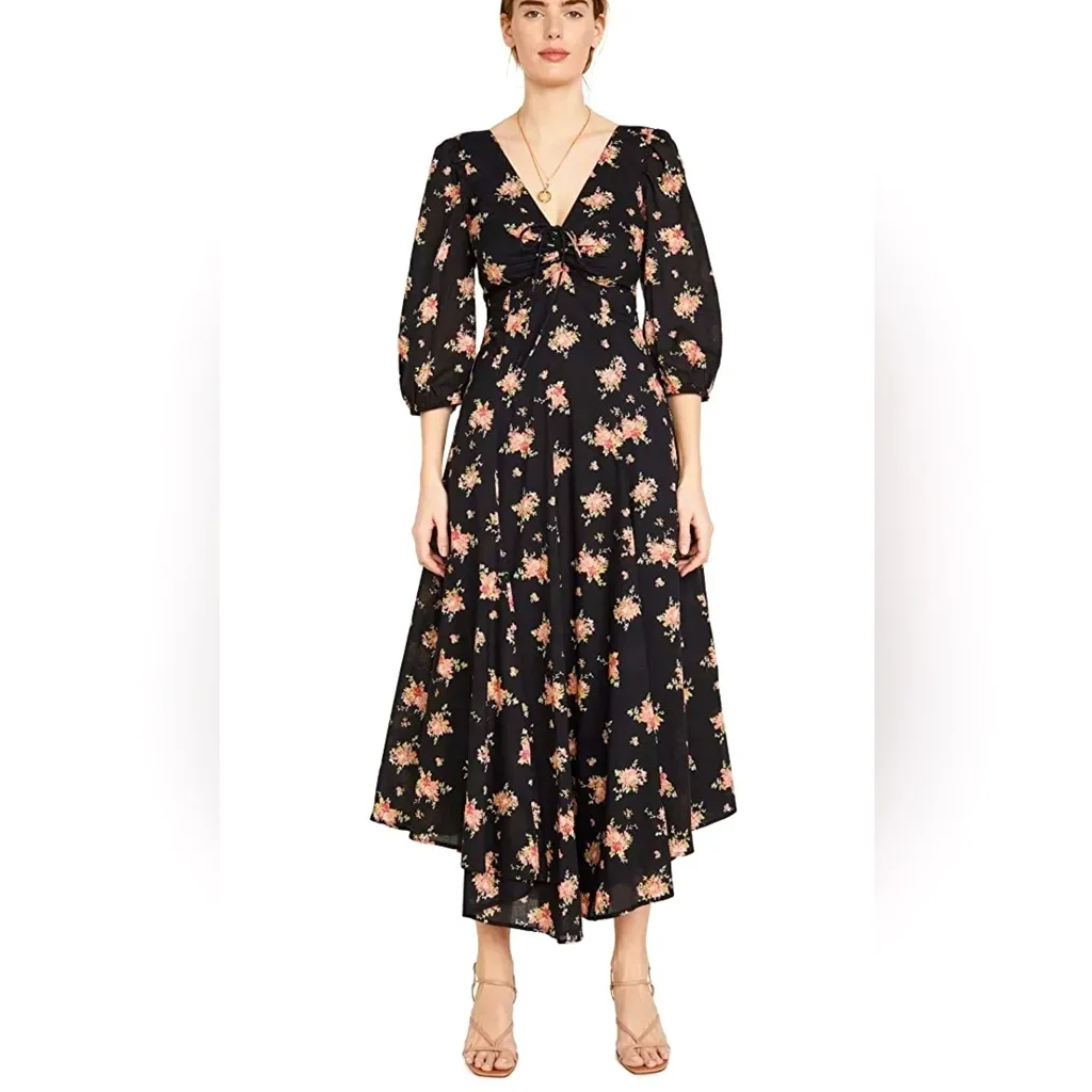 Free People • Sea Glass Midi Dress Black Floral Boho Hippie Sweetheart Size 0 - Image 6