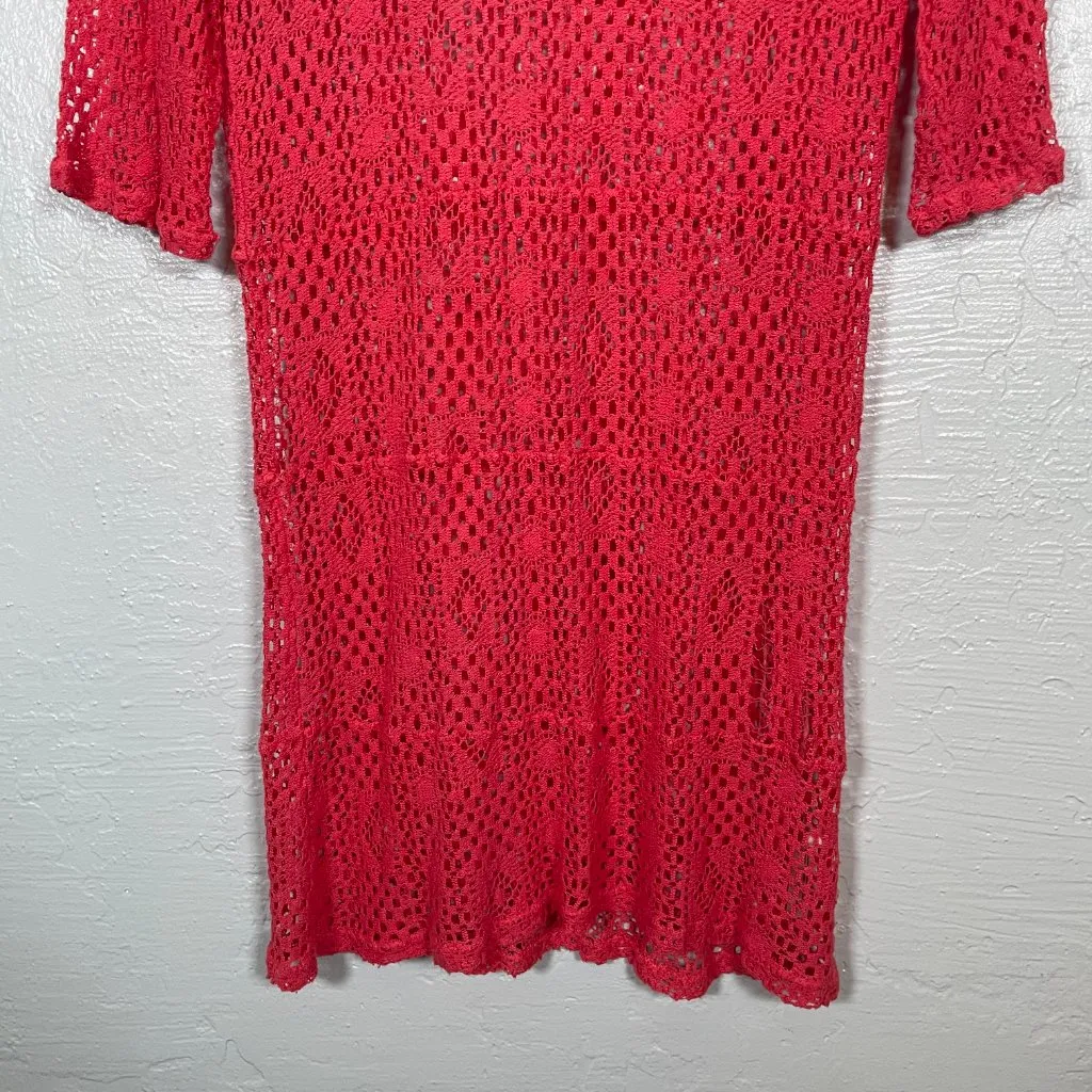 Intimately Free People Women L Pink Crochet Knit Shift Dress Sheer Boho Cottage Size L - Image 2