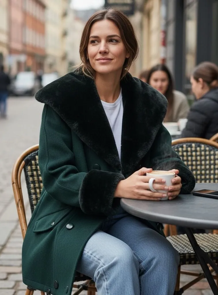 VTG Wool Blend Coat Faux Fur Collar Cuffs Lined Sz 12 Womens Dark Green Feminine - Image 1