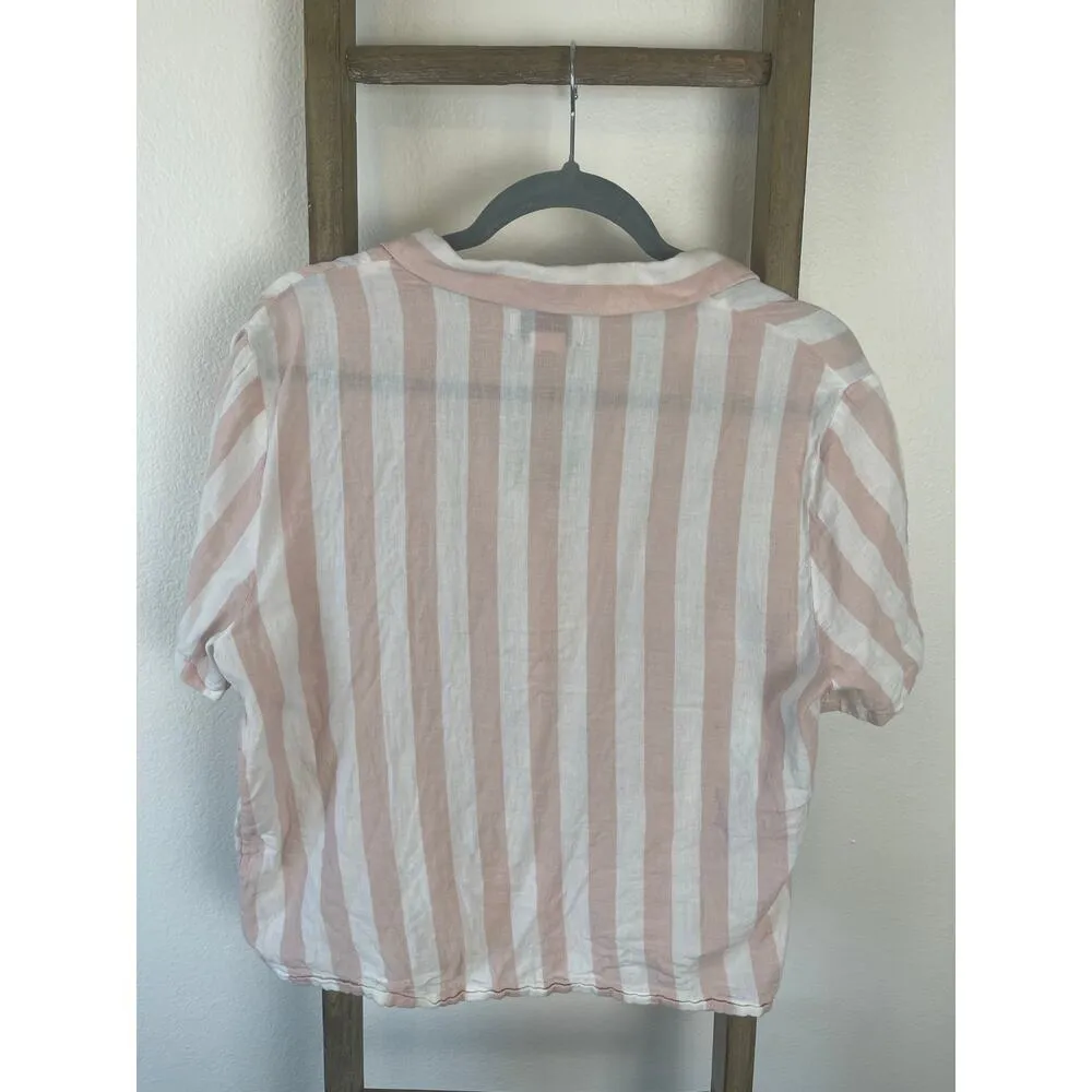 Sincerely Jules Linen Style Striped Short Sleeve Button Up Pink White Womens - Image 2