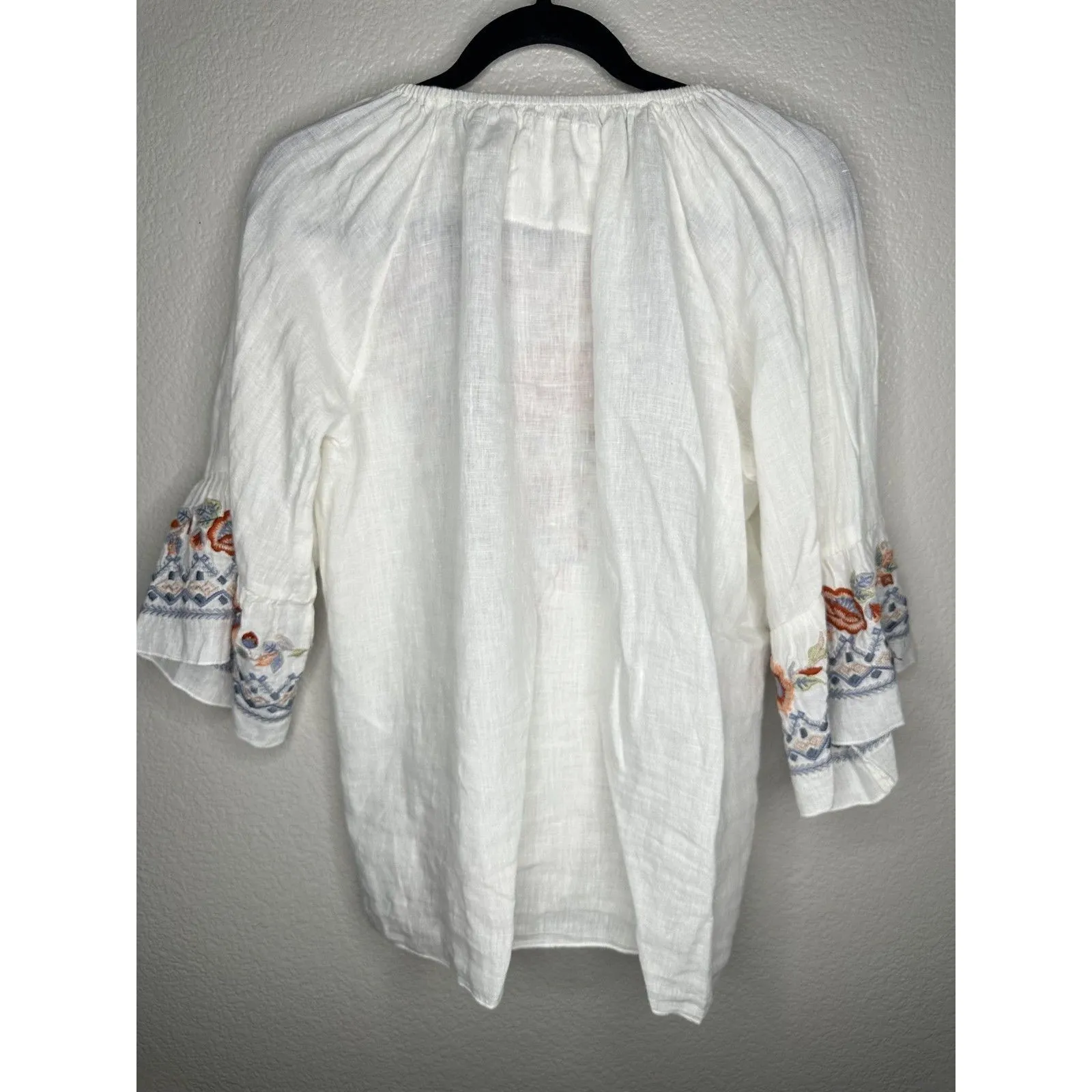 Karyn Seo Blouse Womens Large White Embroidered Linen Boho Peasant Tunic - Image 6