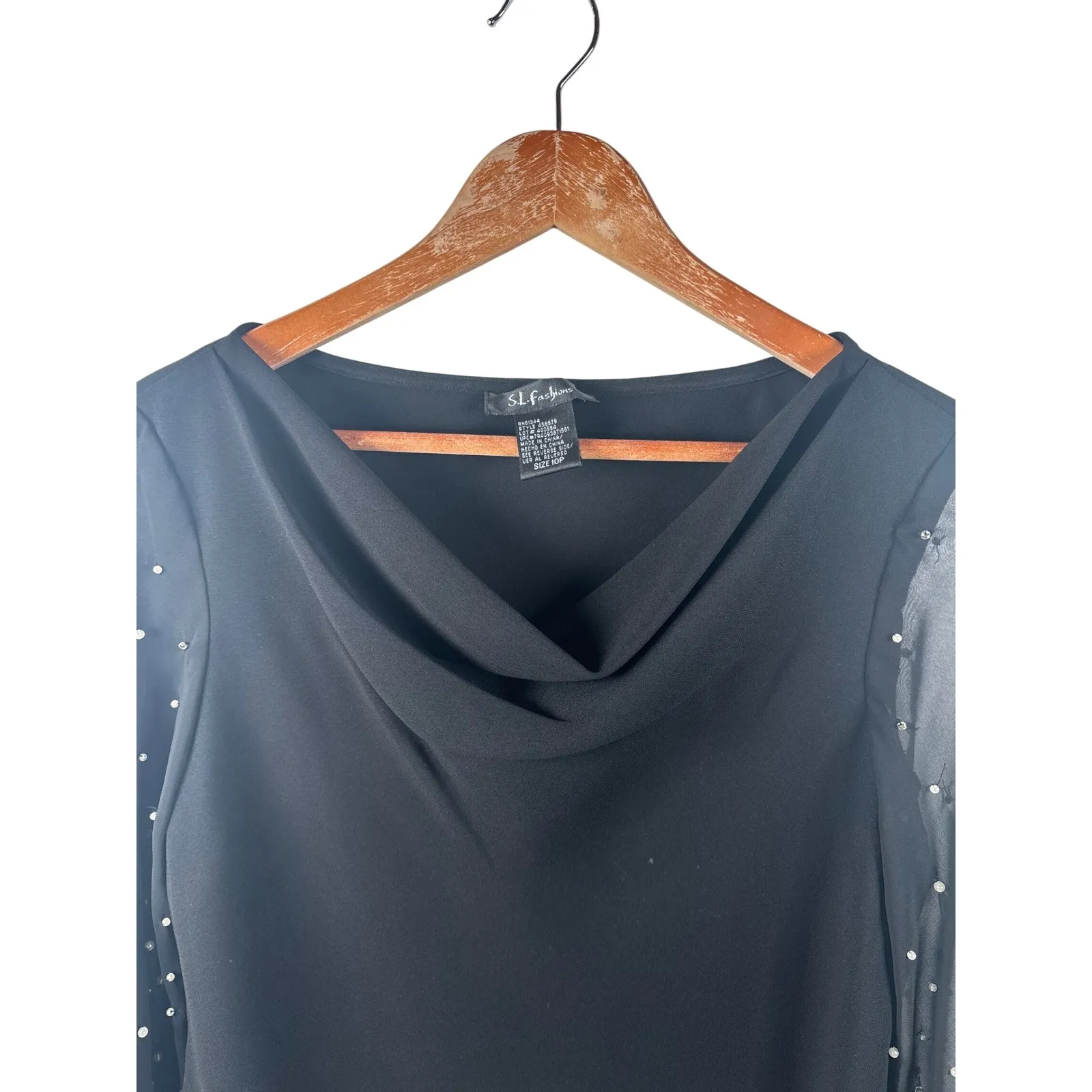 SL Fashions Vintage 10P Black Cowl Neck Sheer Beaded Pearl Sleeve Blouse Holiday - Image 2