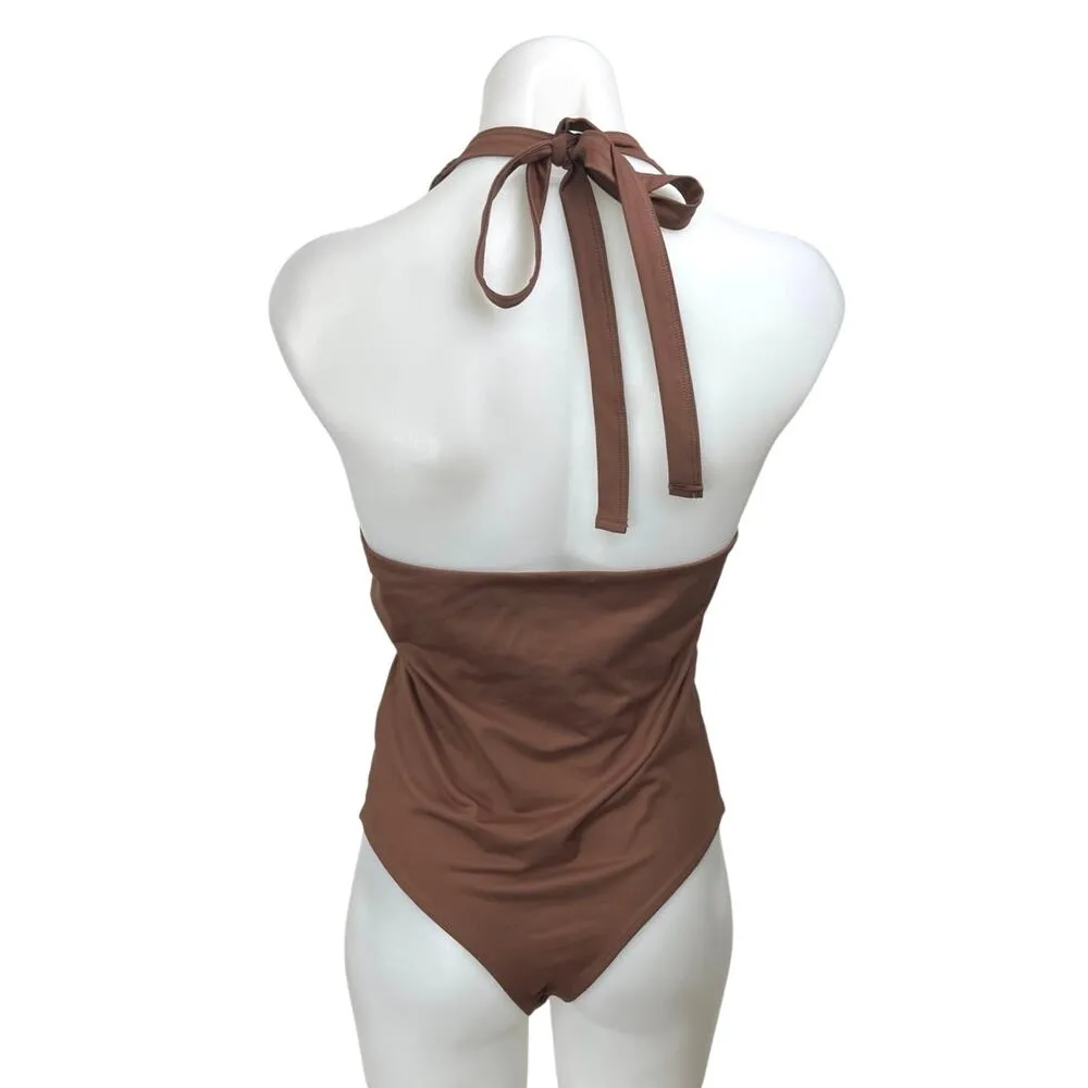 NEW Reoria Women's Brown Halter Sleeveless Plunging One Piece Bodysuit Top Sz M Size M - Image 2