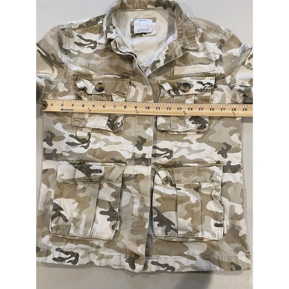 Bershka Jacket Womens XS Camo Pockets Cargo Utility 100% Cotton Denim Military - Image 6