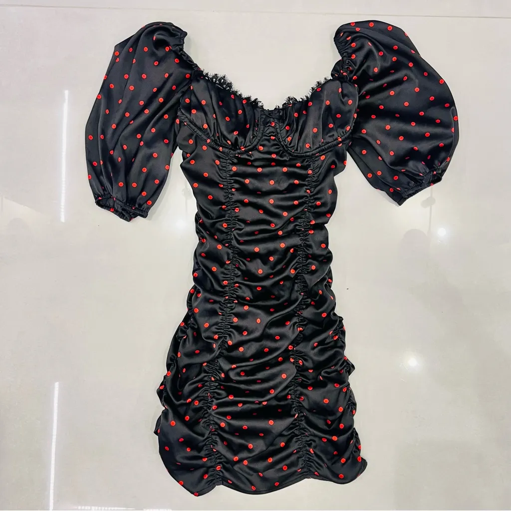 For Love and Lemons Melrose Polka Dot Dress Black Red Ruched Satin Blogger Fave - Image 4