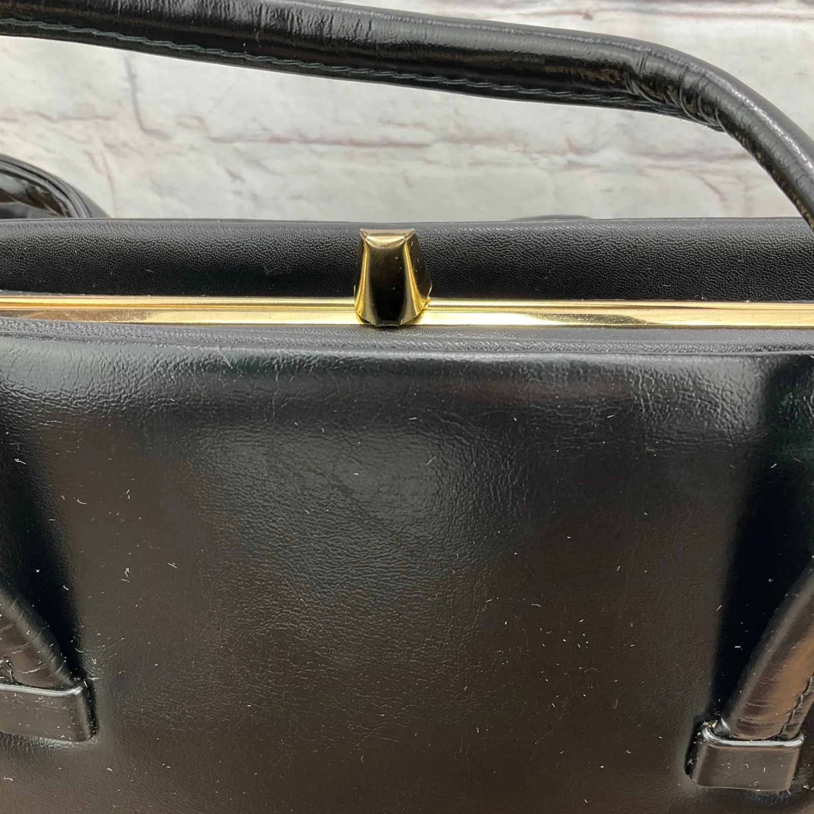 Vintage Handbag Black Top Handle Structured Purse Classic Satchel Small - Image 9