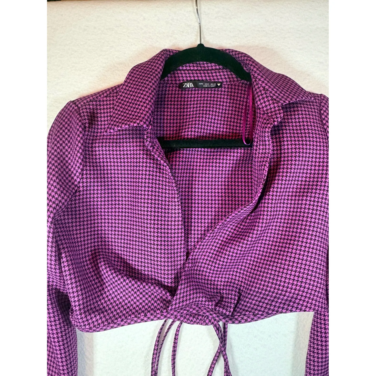 ZARA Purple Black Houndstooth Cropped Tie Front Long Sleeve Top S - Image 4