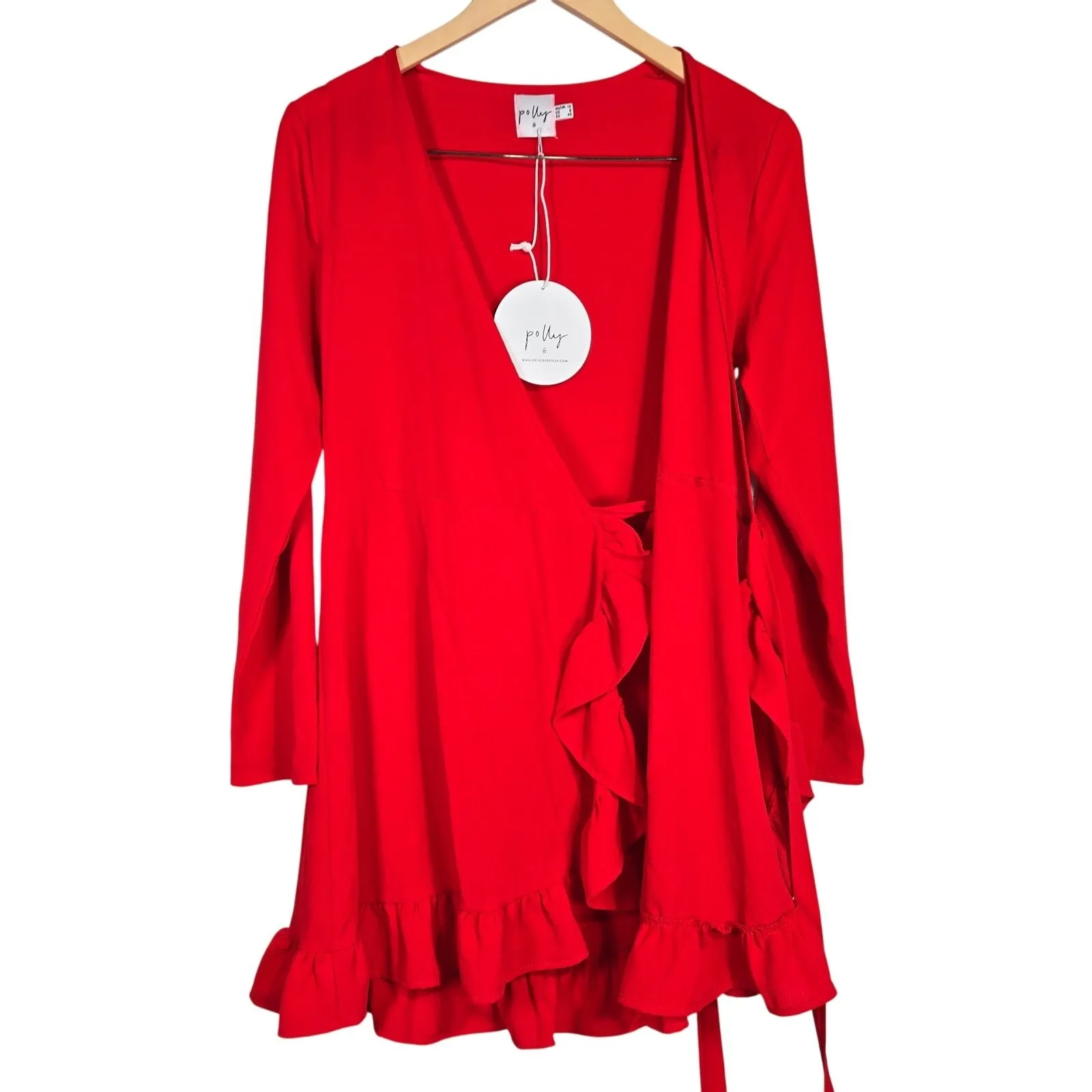 Princess Polly Agnetha Mini Dress Red Long‎ Sleeve Wrap Ruffle Flounce Women's 8 - Image 3