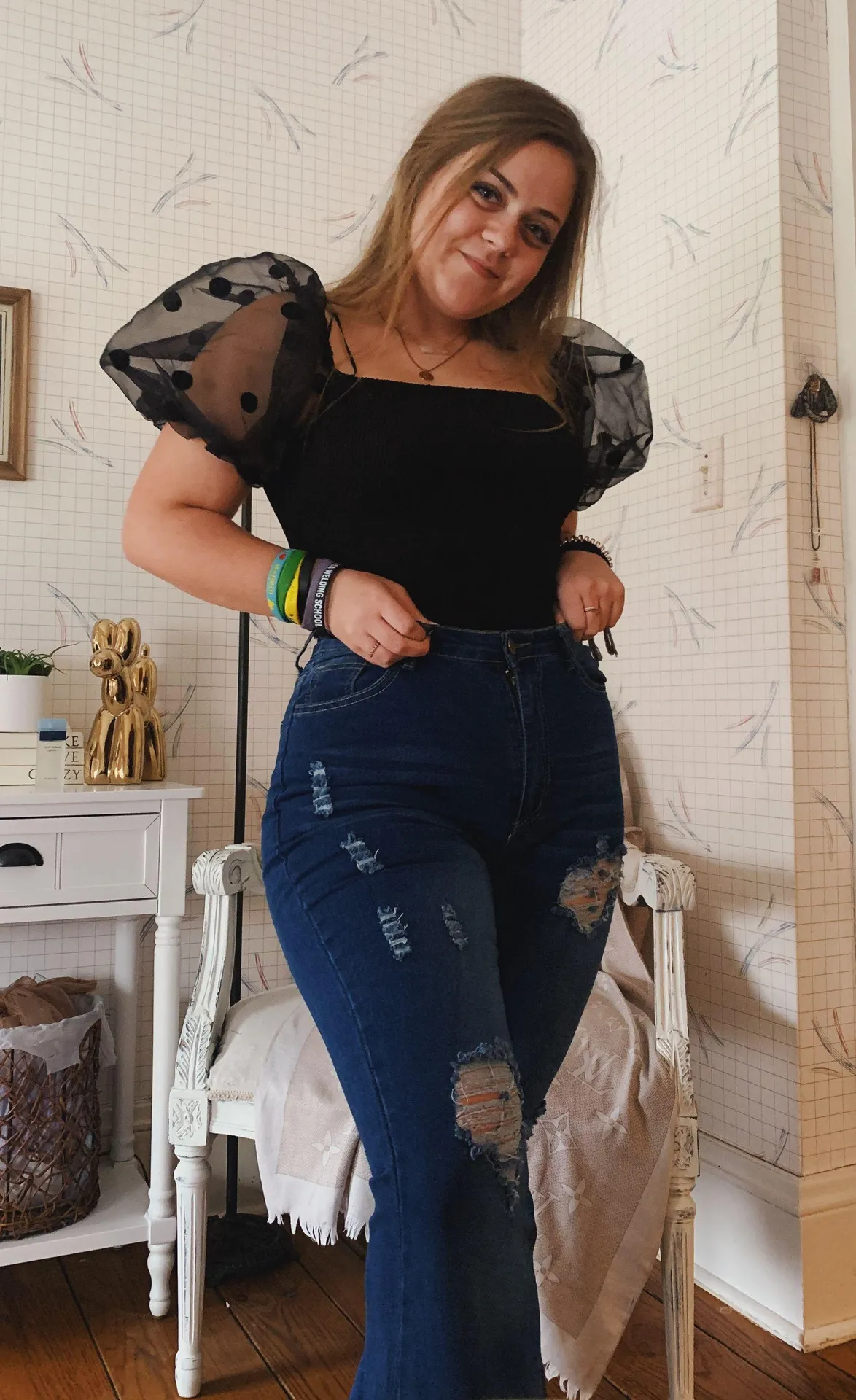 Boutique Dark Wash Distressed Bell Bottoms - Image 2