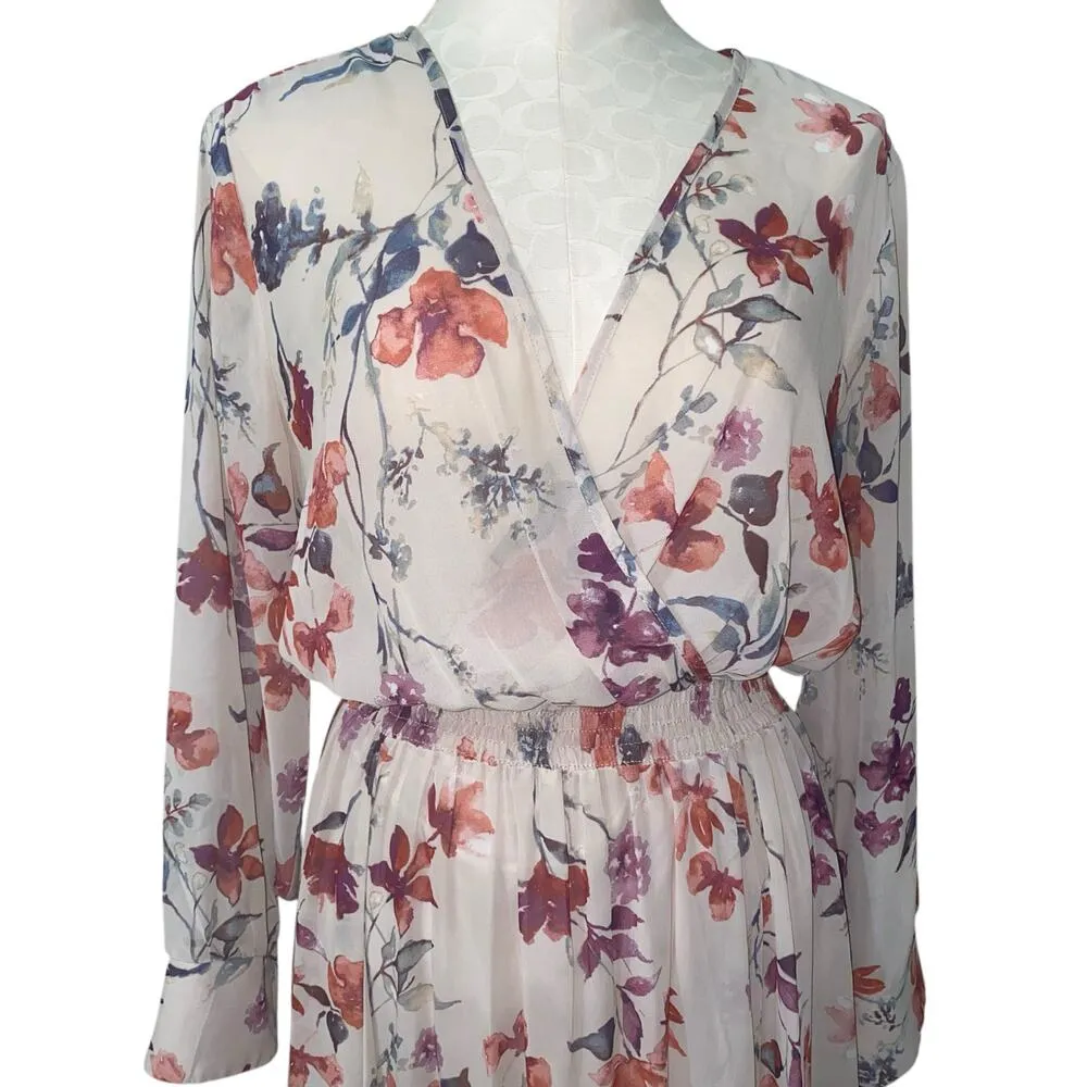 Kate and Lily Sheer White Floral Print Long Sleeve Surplice V - Image 2