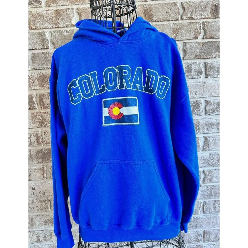Vintage Colorado Hoodie Medium Blue Flag Kangaroo Pockets Unisex Snowboa… - Image 4