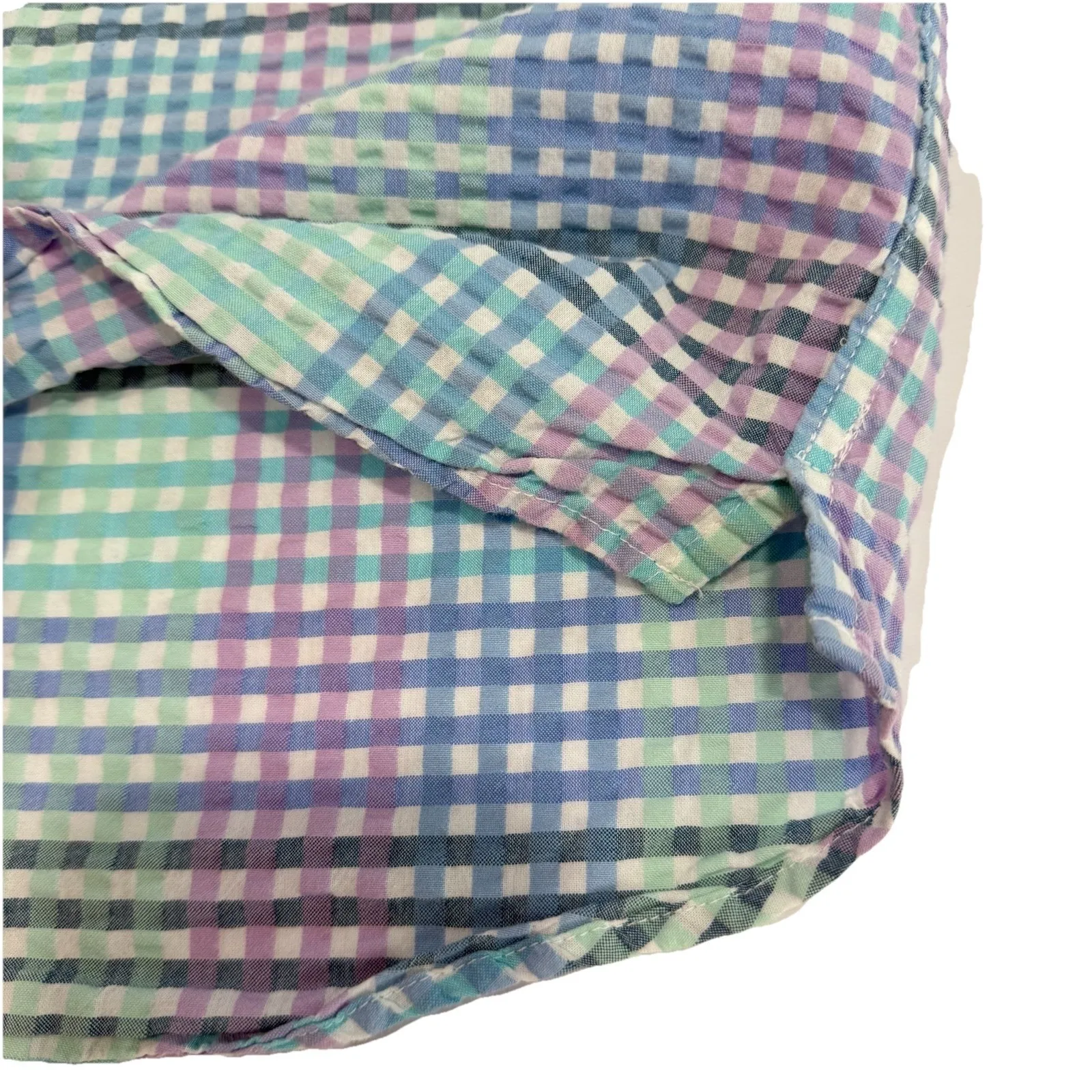 LL Bean Vacationland Seersucker Short Sleeve Popover Plaid Shirt Size LARGE - Image 5