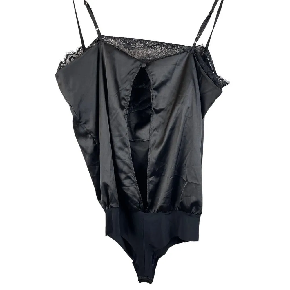 Lovers + Friends Black Satin Laced Neckline Open Back Draped Bodysuit Size Large - Image 7