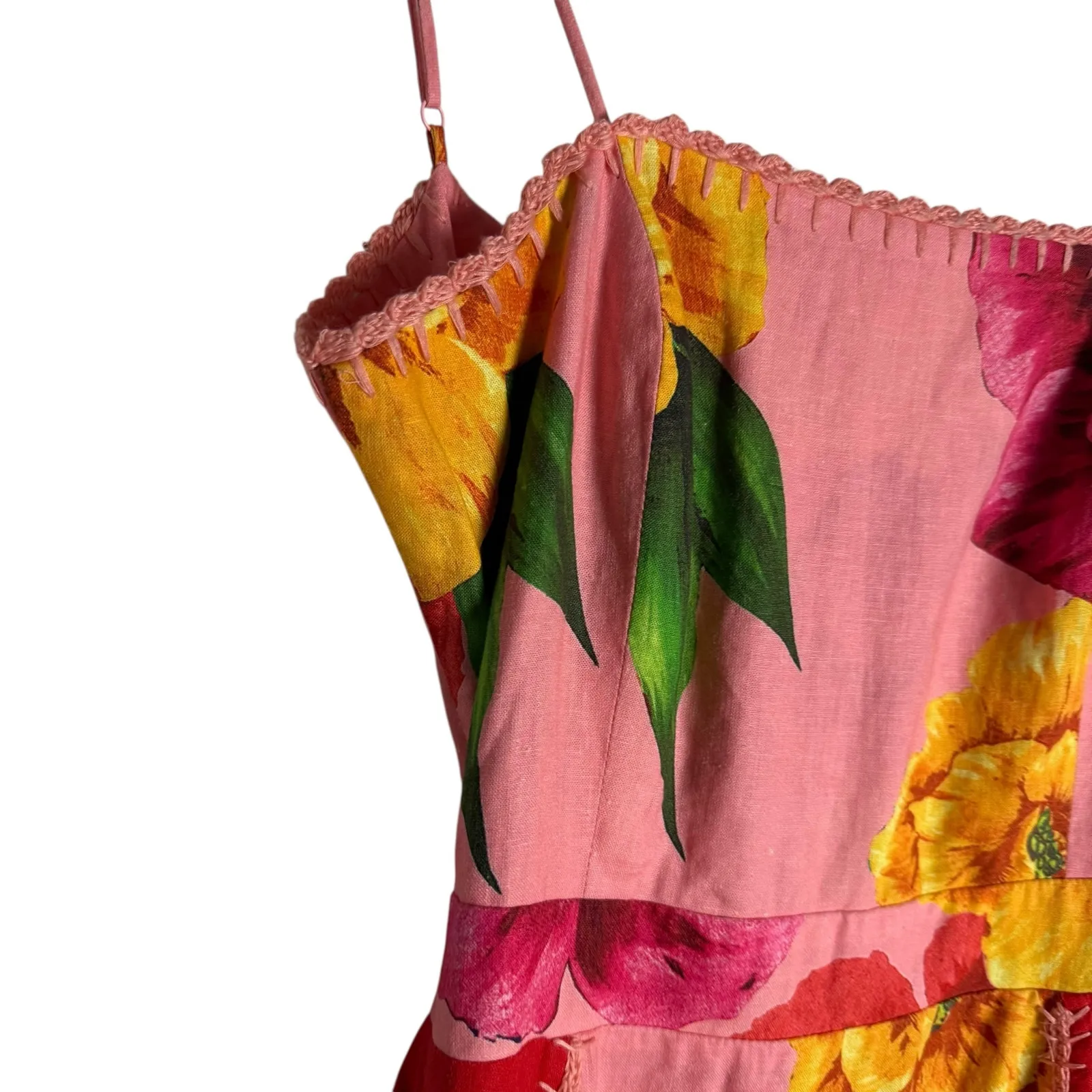 Farm Rio Chita Pink Floral Print Square Neck Tie Back Linen Midi Dress Size XS - Image 7