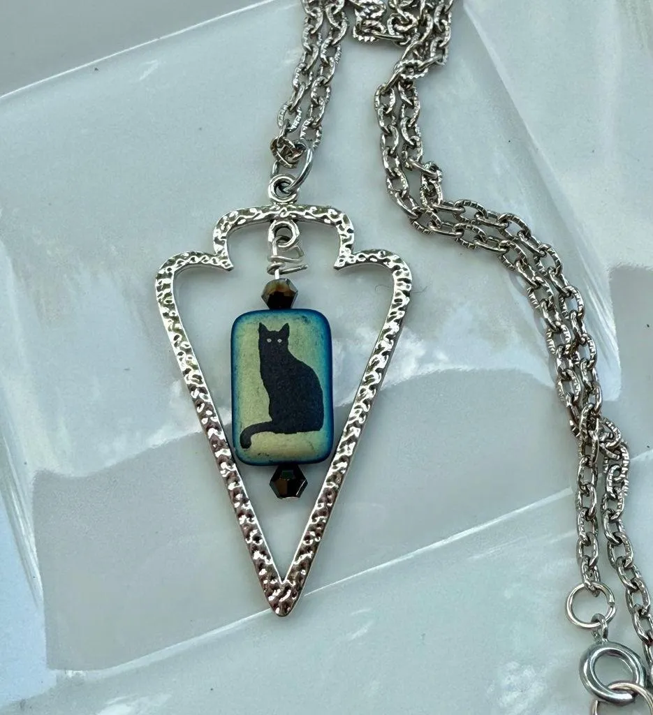 Hand Crafted Black Cat Pendant Stainless Steel Necklace Silver - Image 2