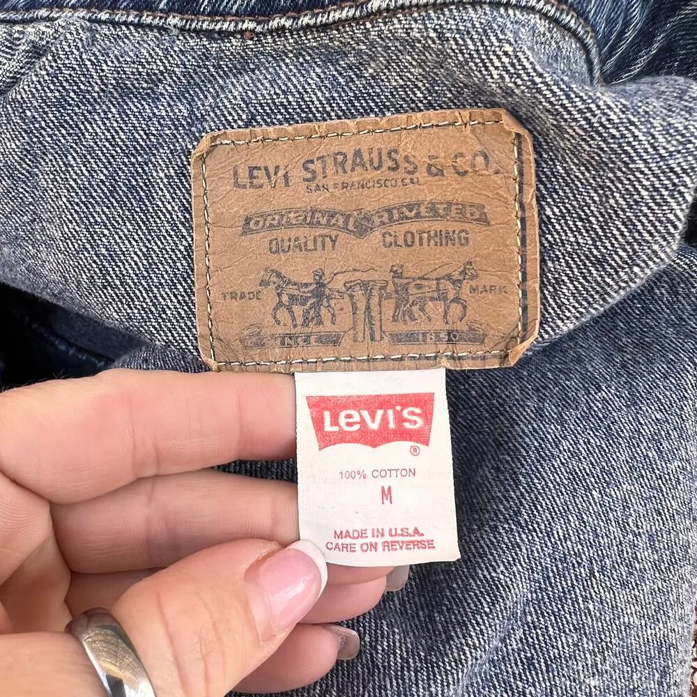 Vintage 80s Levi's 77933 Crop Trucker Jacket Orange Tan Tab Jean Denim MEDIUM - Image 4