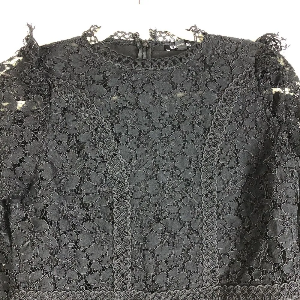 EXPRESS Black Lace Ruffle Long Sleeve Top with Mock Neck Zipper Back Size XS - Image 3