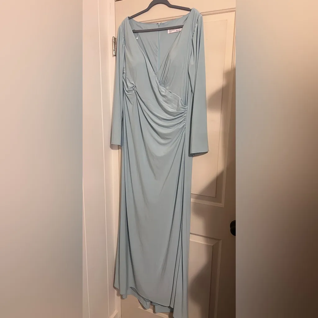 Mac Duggal Ieena 26573 Long Sleeve Ruched V-Neck Gown Maxi Blue 14 Formal - Image 3