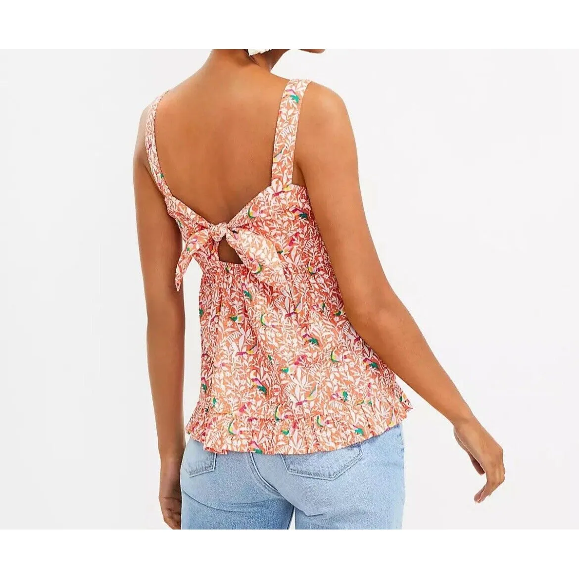 Loft Tank Top Womens 4 Orange Bird Print Tie Back Peplum Cami Square Neck - Image 2