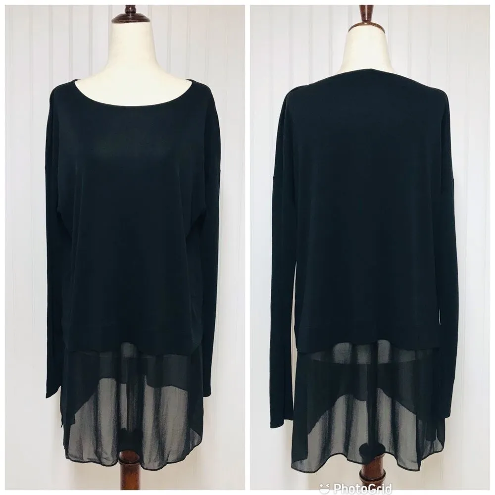 EILEEN FISHER Black Sheer Silk Long Sleeve Tunic Top Jersey Classic Size‎ Small - Image 2