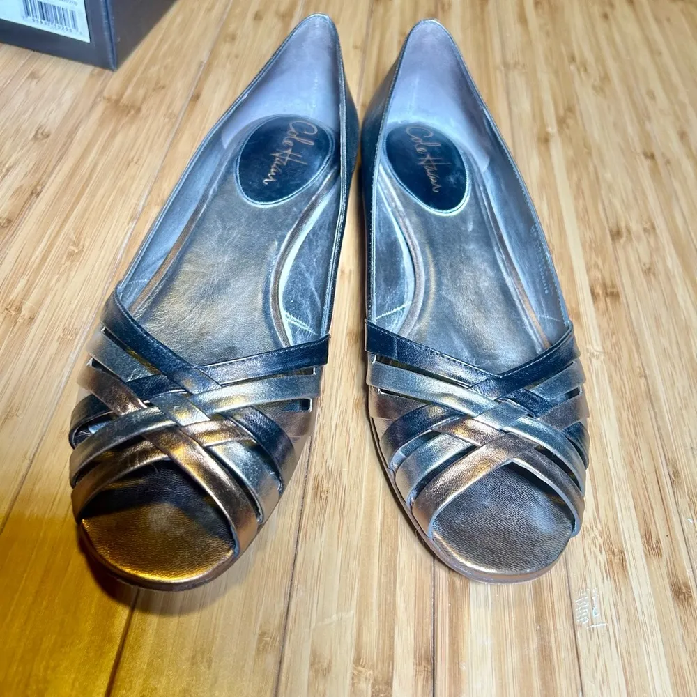 Cole Haan Metallic Flat with Crisscross Bronze Tones & Peeptoe 10 Used - Image 2