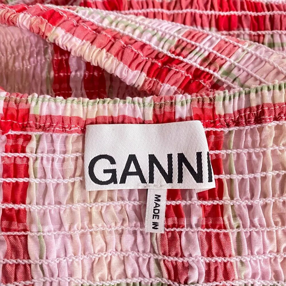 Ganni Plaid Print Square Neckline Smocked Top Blouse Balloon Sleeve No size tag - Image 9