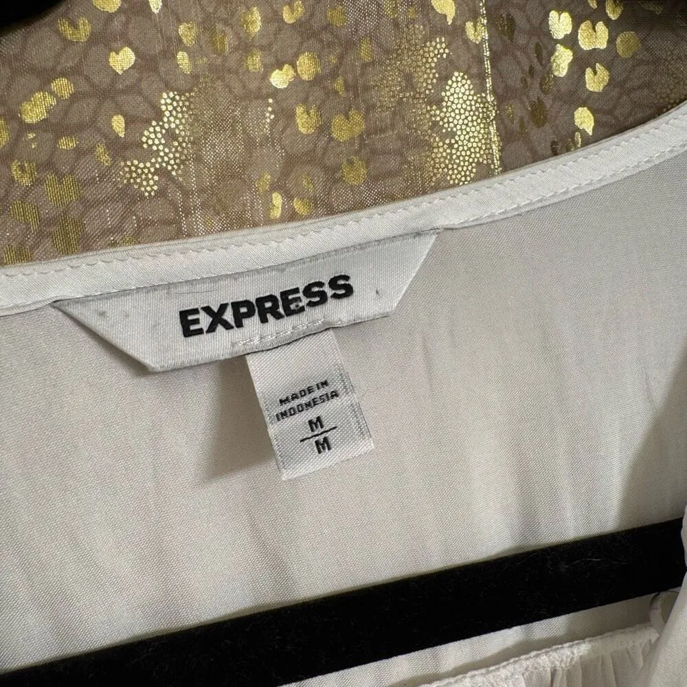 EXPRESS  White Silky Button Down Long Sleeve Bodysuit Blouse Medium - Image 4