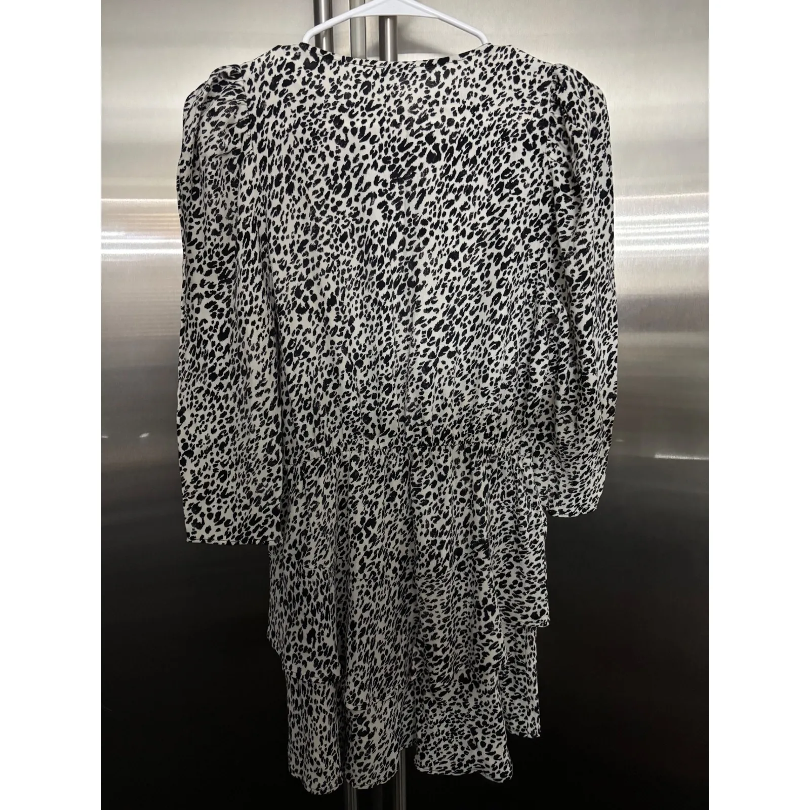 Zara Animal Print Tiered Mini Dress Long Sleeve V Neck Black White‎ 28 - Image 3