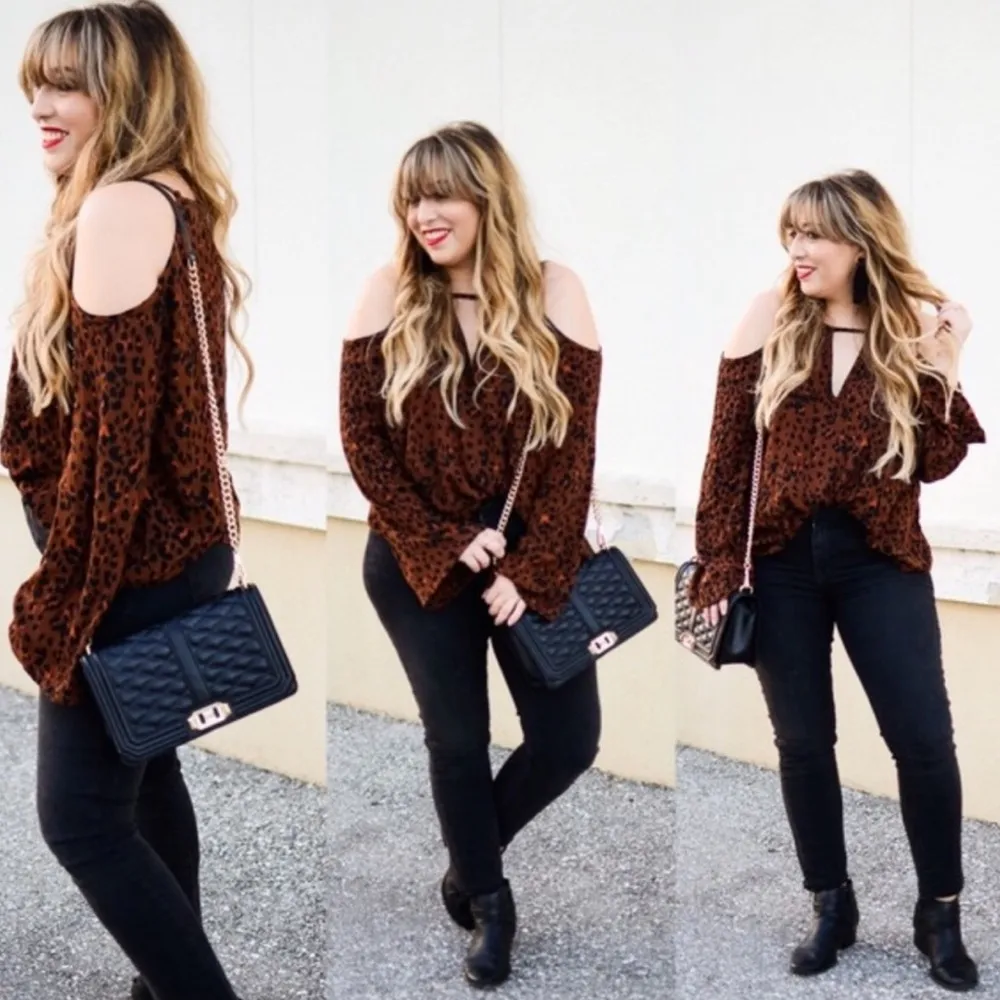 Mossimo Animal Print Leopard Cold Shoulder Top Rust Chocolate Brown Red Pink Med - Image 3
