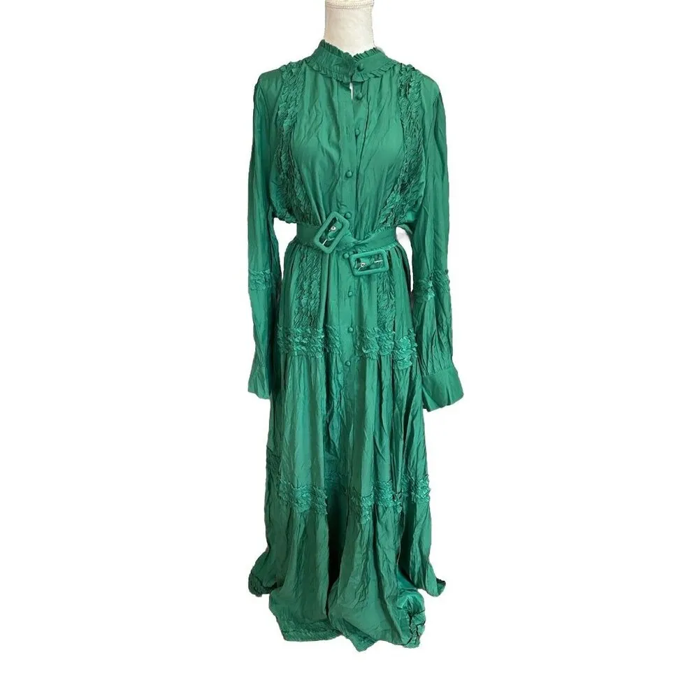 Buxom Curvy Maxi Dress Button Up Tiered Layered Ruffles Sz 3X Boho NWOT READ Green - Image 3