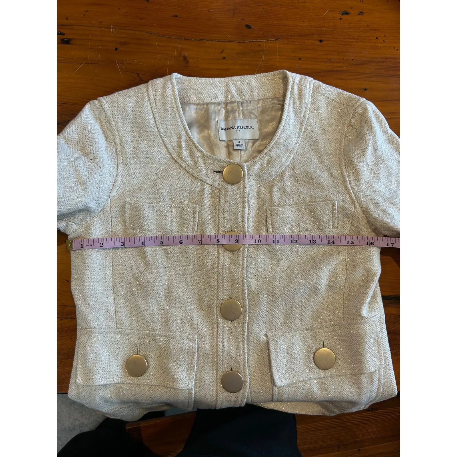 Banana Republic blazer size 4 cream gold round neck gold buttons festive holiday - Image 7
