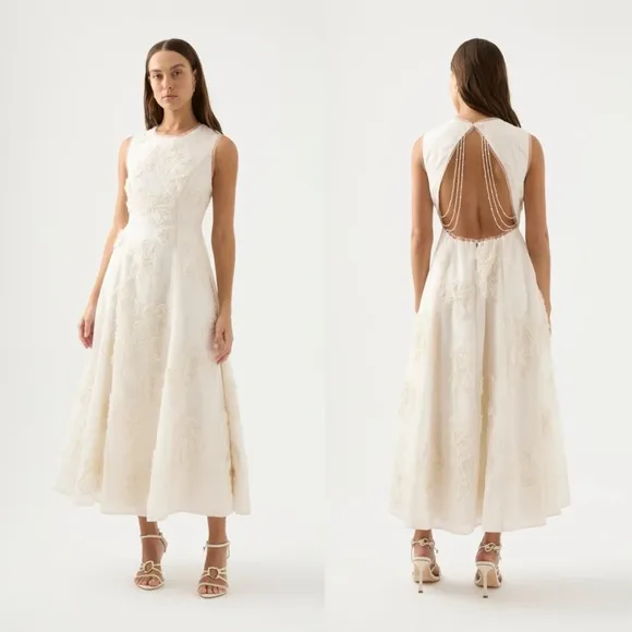 Aje Vera Beaded Flower Midi Dress NWT White Size 16/12 - Image 2