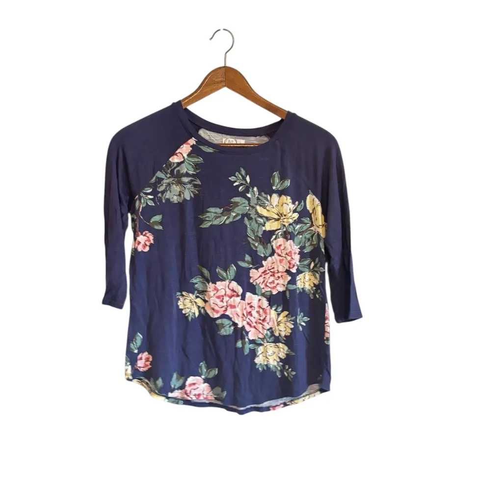 Maurice’s 24/7 Raglan Sleeve Floral Print Navy Blue Pink Boho Top - Image 2