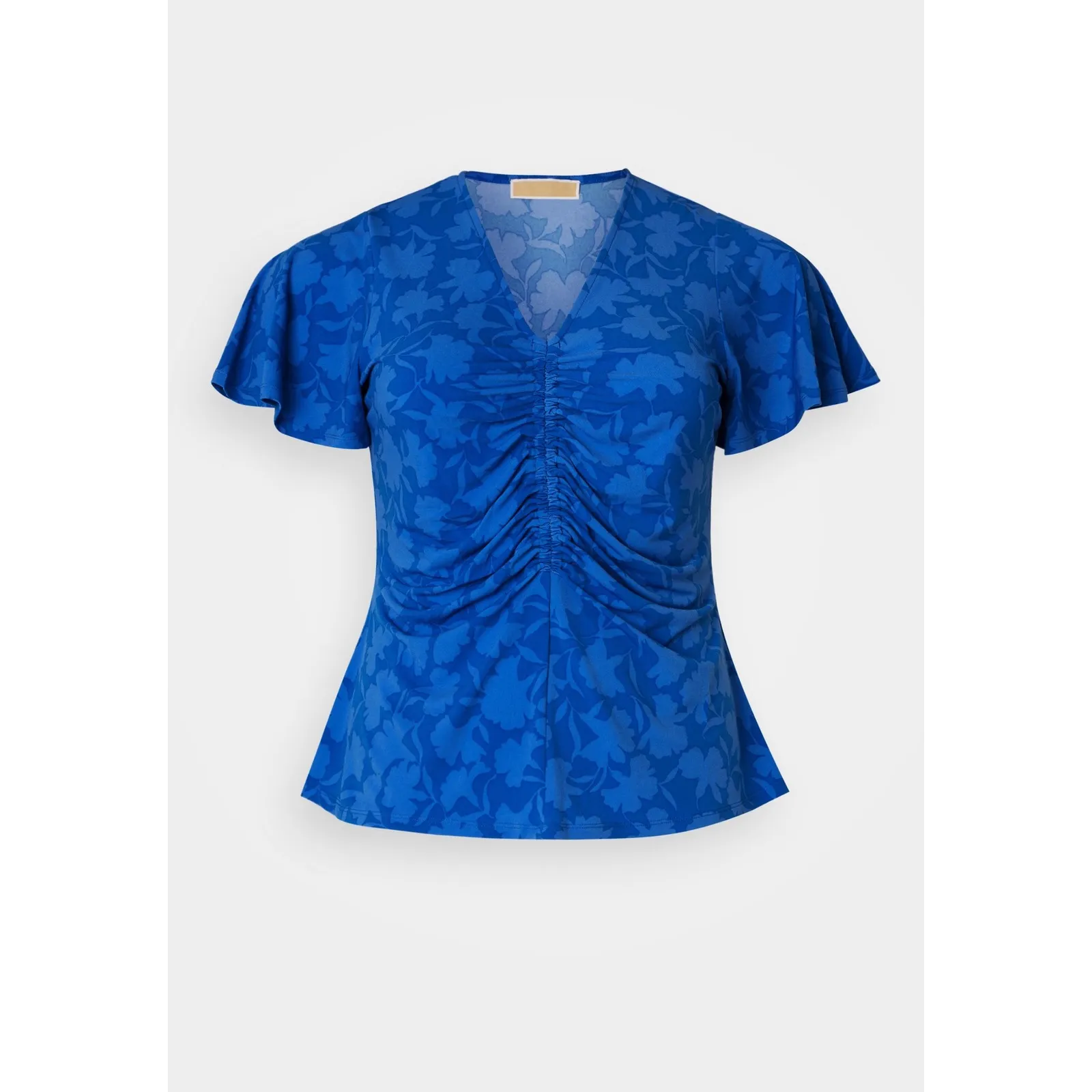 Michael Kors Grecian Blue Floral Ruched V-Neck Flutter Sleeve Top P/XL‎ - Image 2