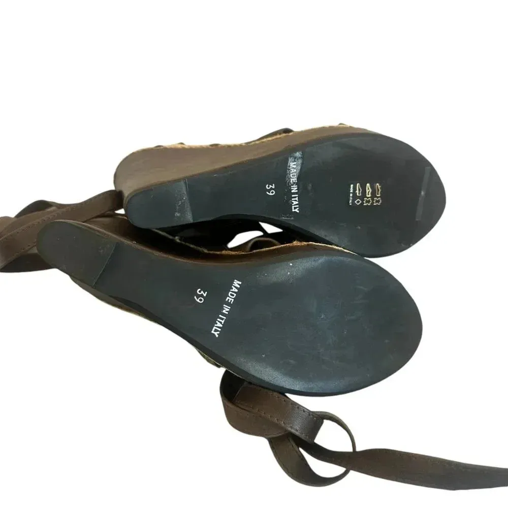 La Perla Brown Leather Ankle Lace-Up Wedges Sandals Jute Stud Size 39 8 Women's - Image 13