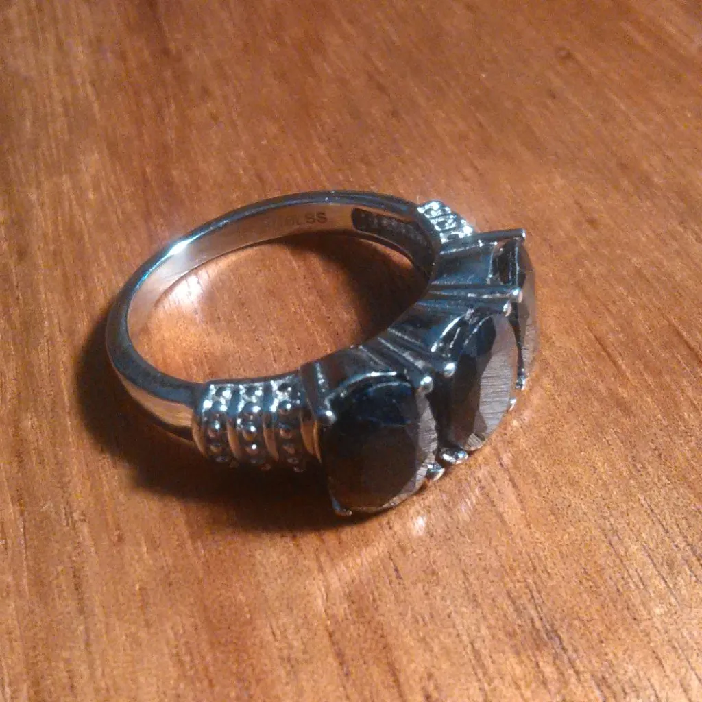 Midnight Sapphire Three Stone Stainless Steel Ring (Size 7) - Image 7