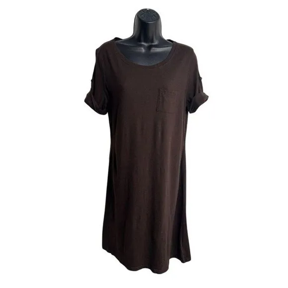 Faded Glory Women Small Pocket Tee Brown T-shirt Midi Dress Skater Casual Cotton - Image 2