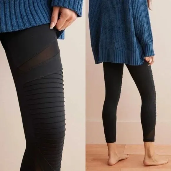 Aerie Chill Play Move High Waisted Moto Ribbed Mesh Ankle Length Leggings Black - Image 2