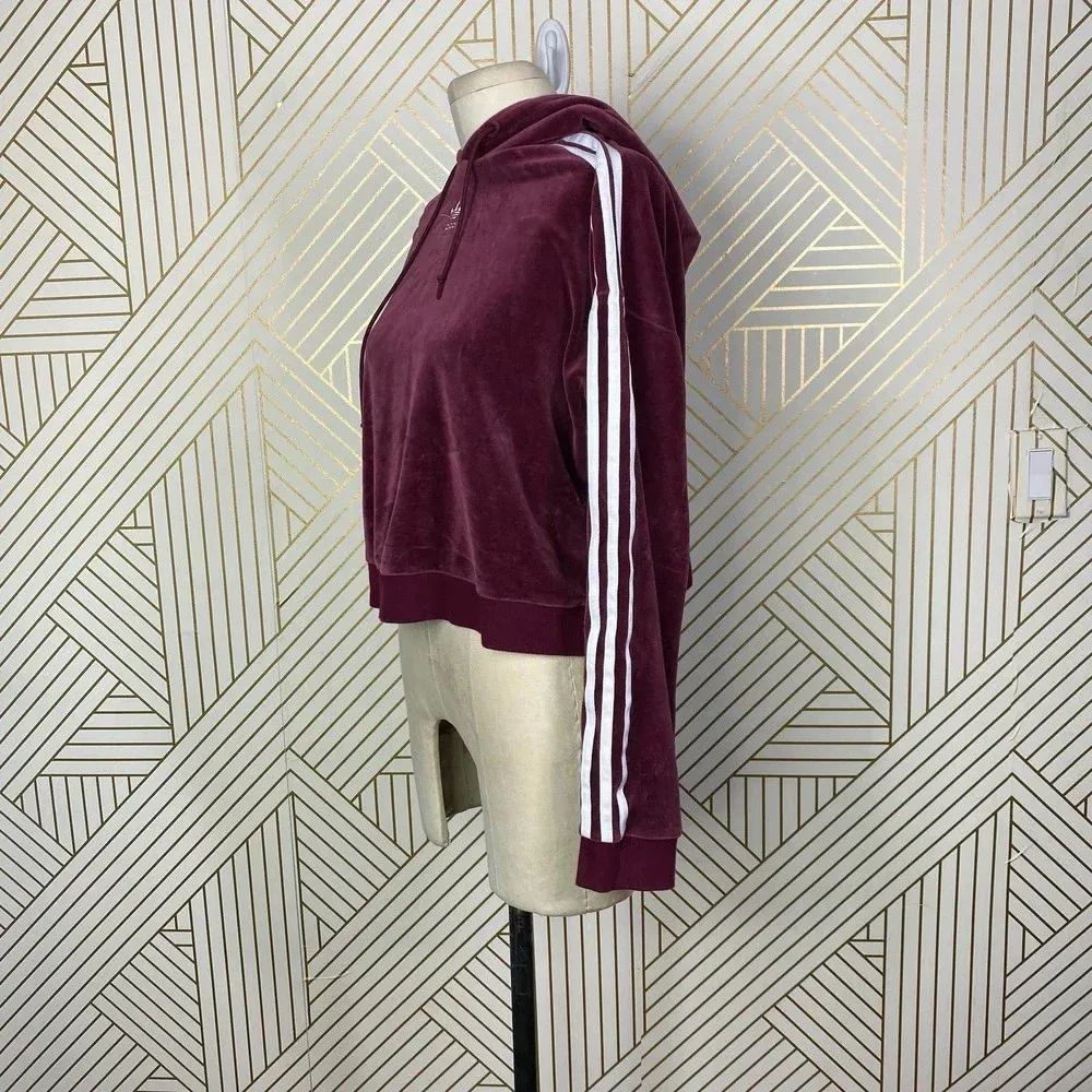 Adidas Originals Hoodie Sweatshirt Cropped Velour‎ Purple Red Size US Small - Image 6