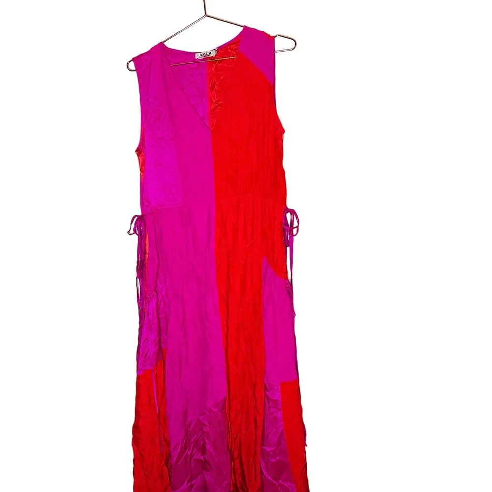 AMUR Women's Orange Pink Colorblock 100% Silk Lotta Ruched Maxi Dress Size 8 - Image 4