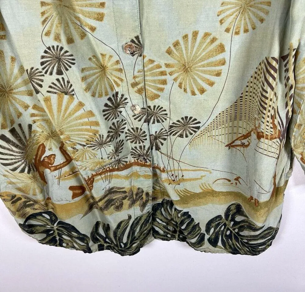 Citron button down Silk Linen tropical hawaii print Women’s Sz Small 3/4 Sleeve Green - Image 4