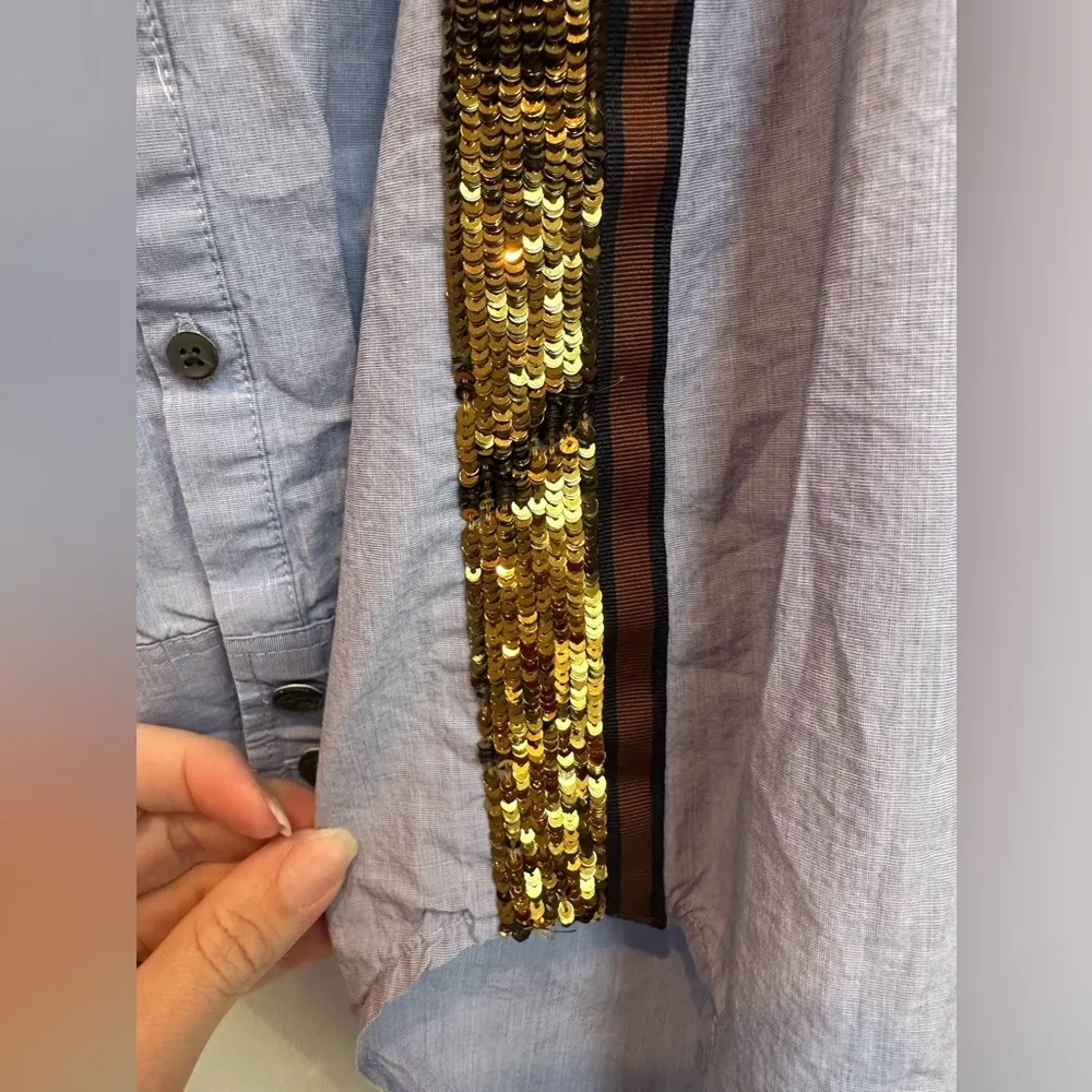 J. Crew Periwinkle Blue Button-Up Shirt with Gold Sequin Stripe Accents Size 6 S - Image 8