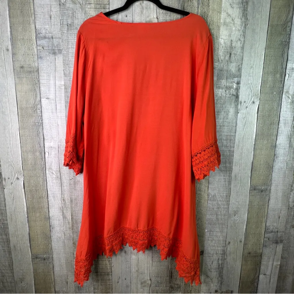 Forgotten Grace 3X 100% Rayon Orange V-Neck Crocheted Lace Trim & Hem Tunic Top - Image 2