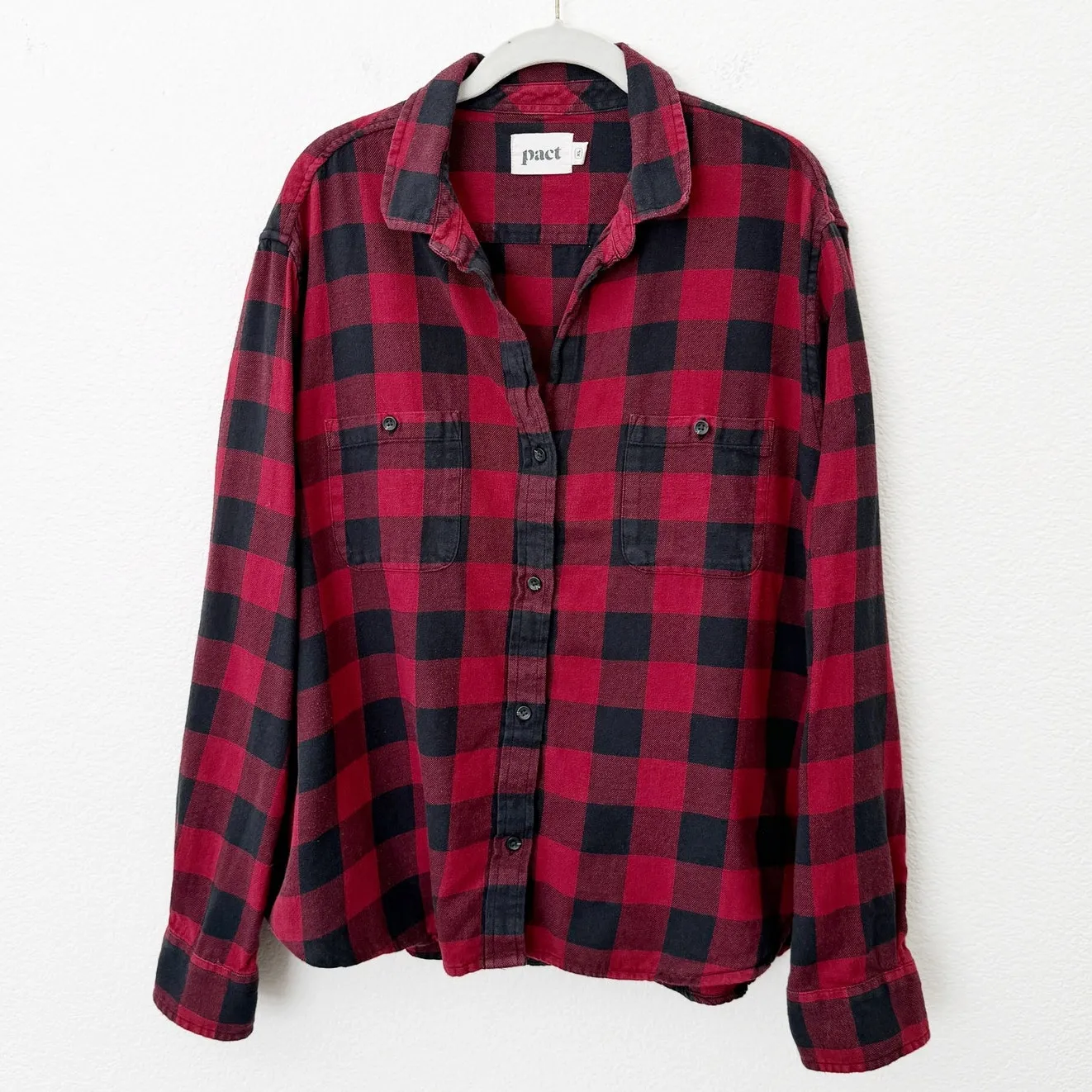 [Pact] Red Black Buffalo Plaid Tartan Button Down Shirt Organic Cotton Size XL - Image 2