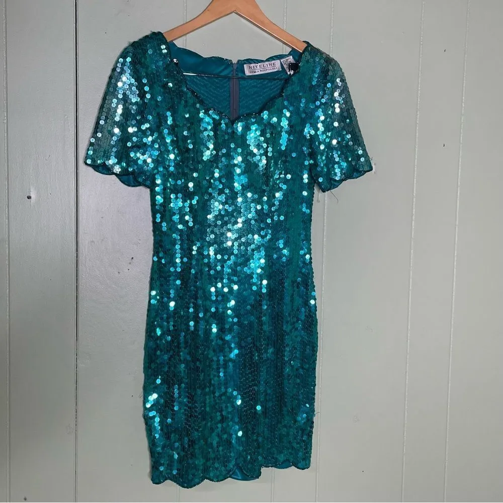 90's Niteline‎ Sequin Turquoise Hoco Mini Dress Vintage 4 Green - Image 2