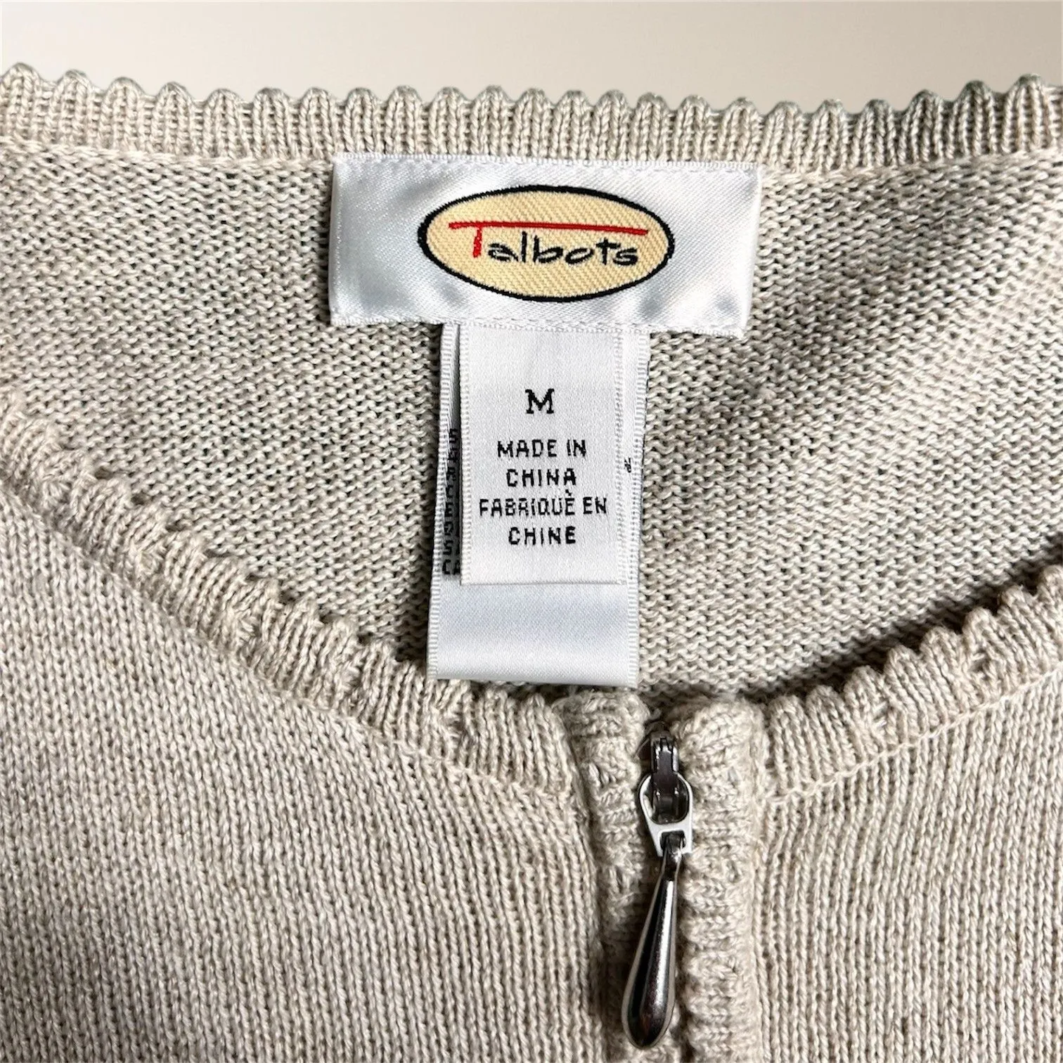 Vintage Talbots Beige Linen Cotton Embroidered Beaded Feather Cardigan Sweater M - Image 7